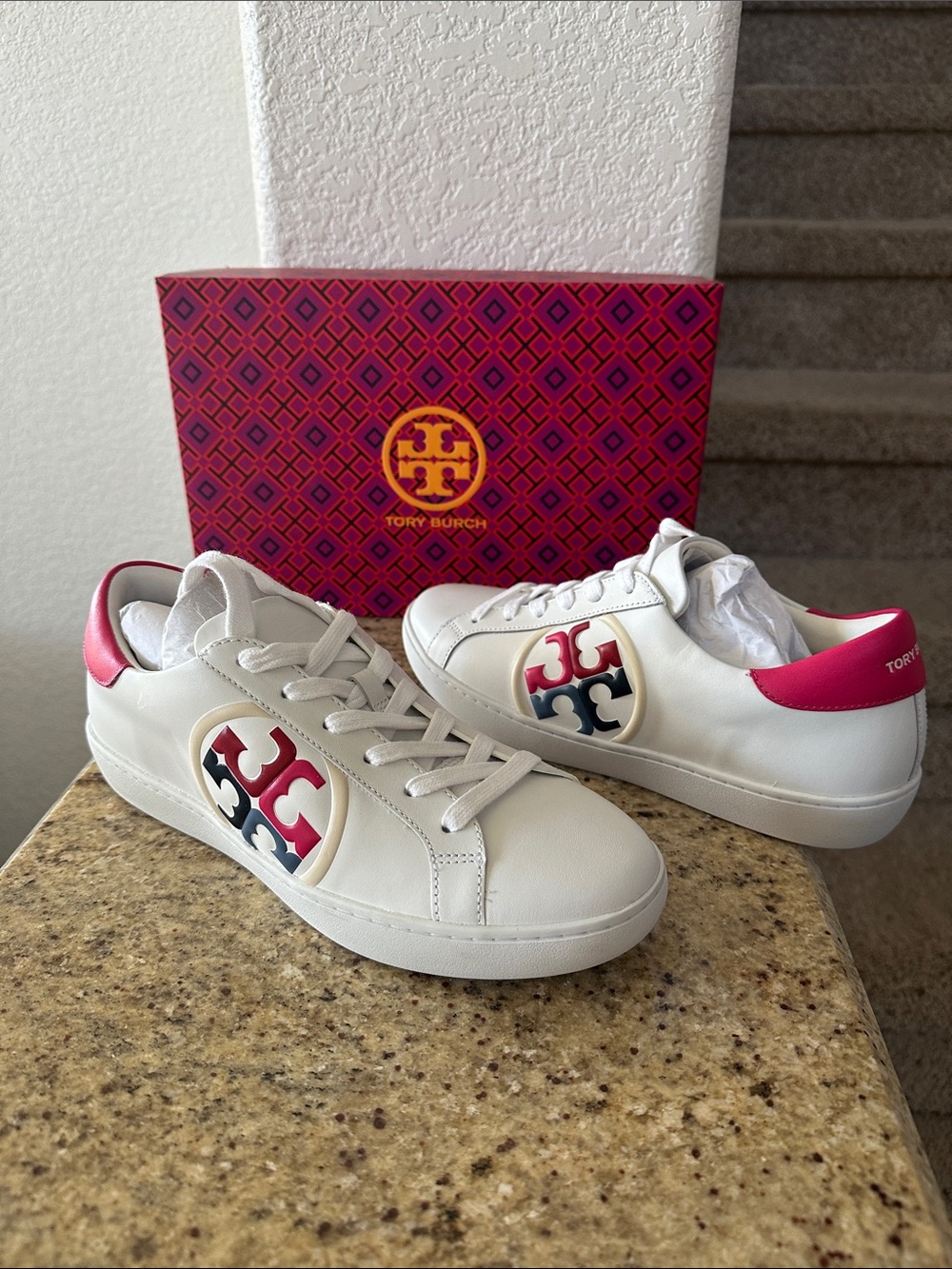 Tory Burch White Leather Sneakers with Pink Heel and Multicolor Logo